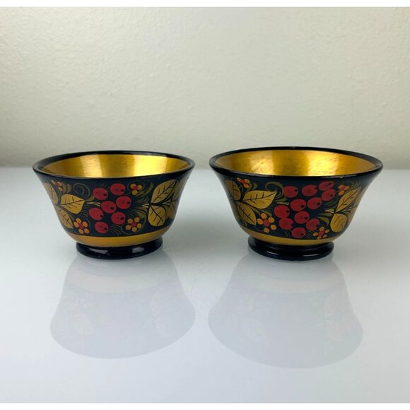 Vintage USSR Russian Wooden Lacquered Small Bowls Set of 2 Red Berries Gold Blck - Picture 2 of 16